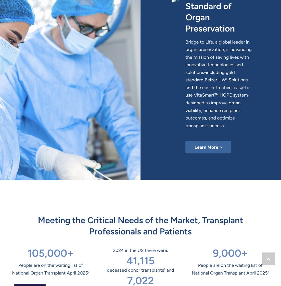 Bridge to Life market needs and transplant statistics section