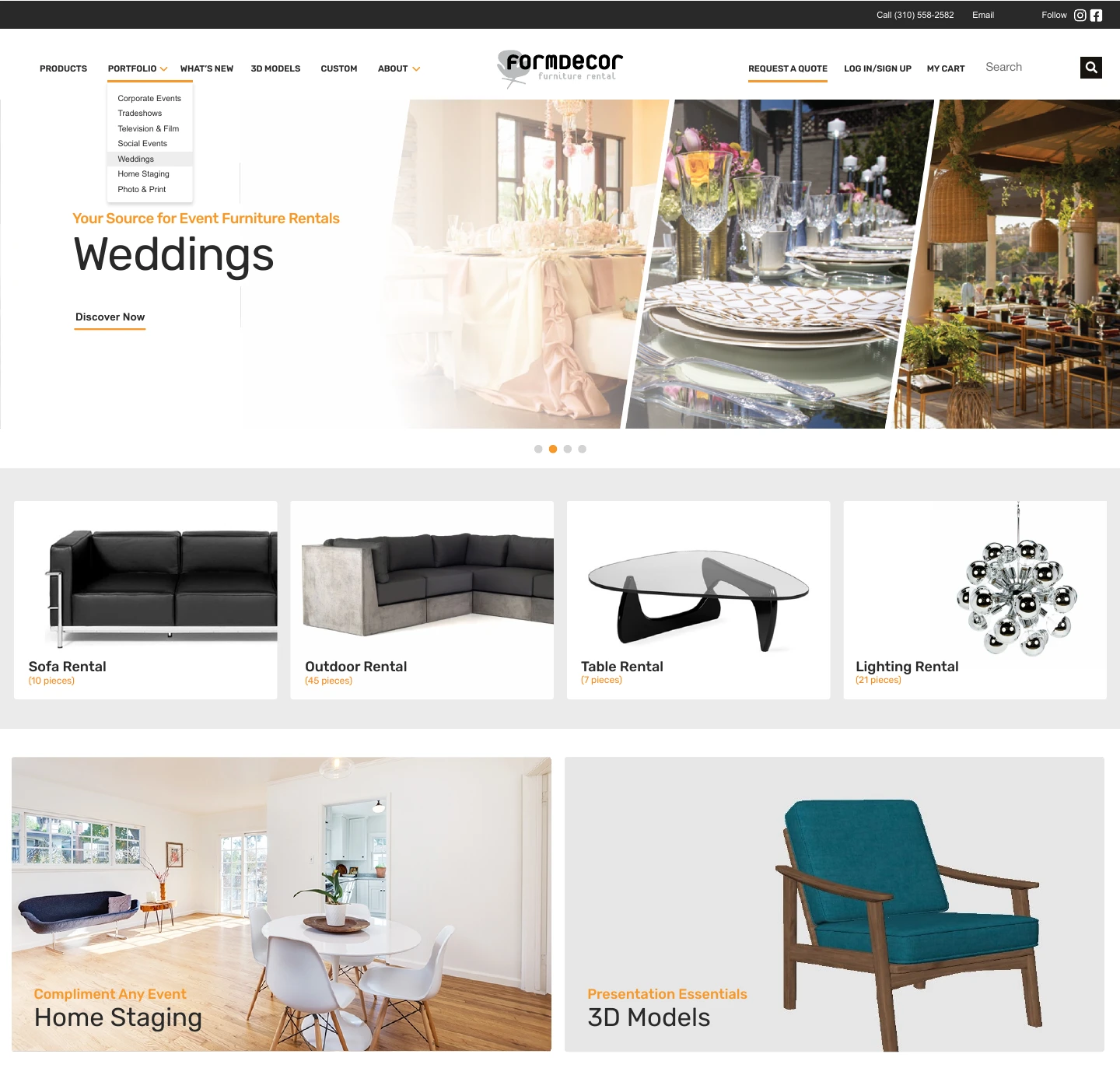 First original FormDecor concept with a wedding-image collage, orange accents, four furniture categories, and home staging and 3D model callouts