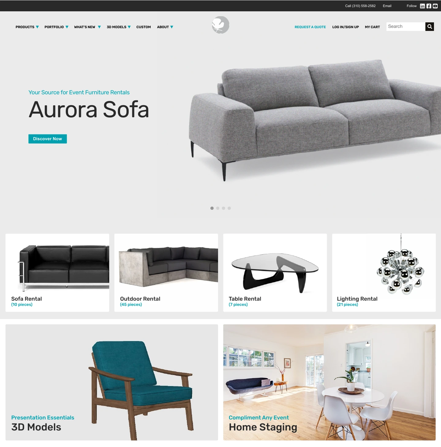 Second original FormDecor concept with the Aurora Sofa as the hero, teal buttons, four furniture categories, and reordered collection callouts