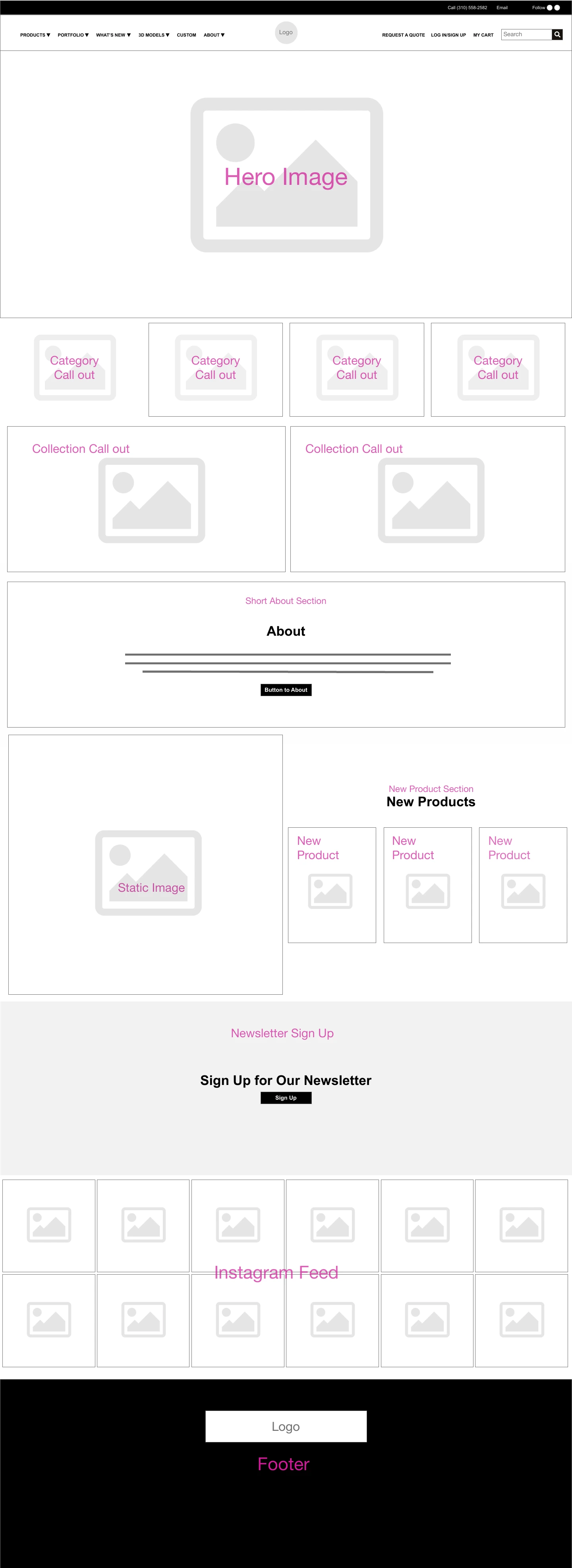 Samira's original digital wireframe showing navigation, hero, category and collection callouts, about, new products, newsletter, social feed, and footer