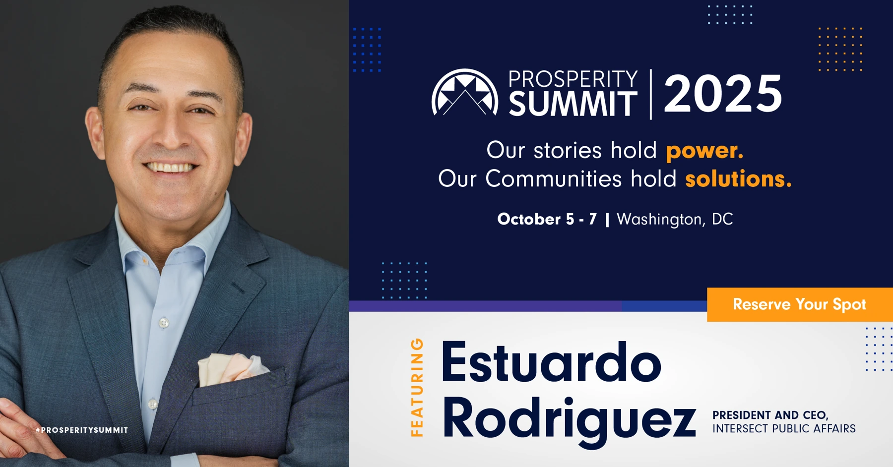 Prosperity Summit social graphic featuring Estuardo Rodriguez