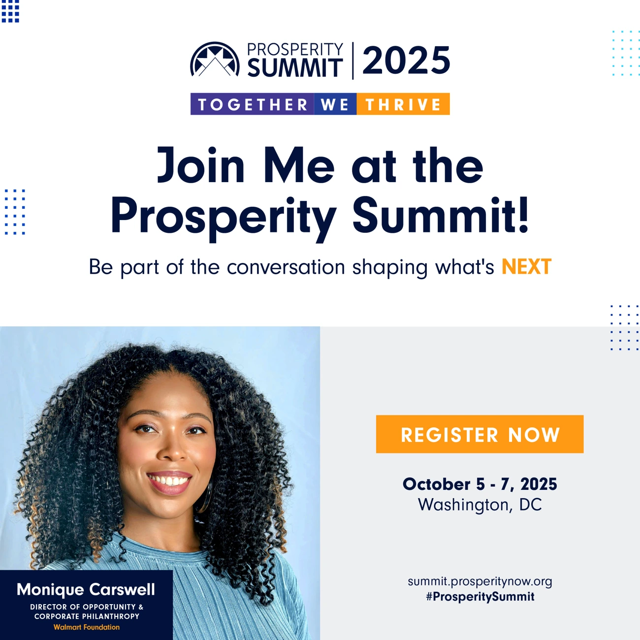 Prosperity Summit social graphic featuring Monique Carswell