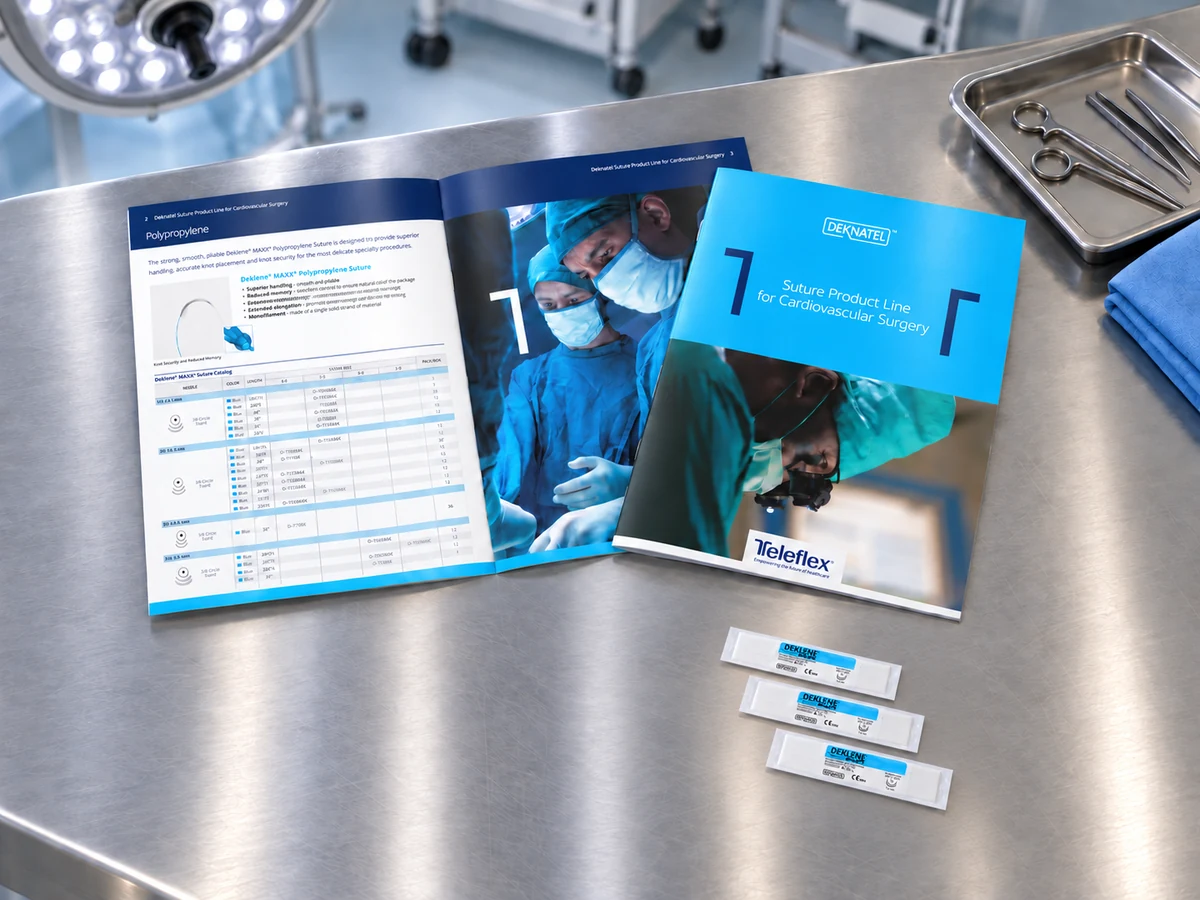 Suture brochure cover overlapping an open spread on an OR instrument table beside three packaged sutures