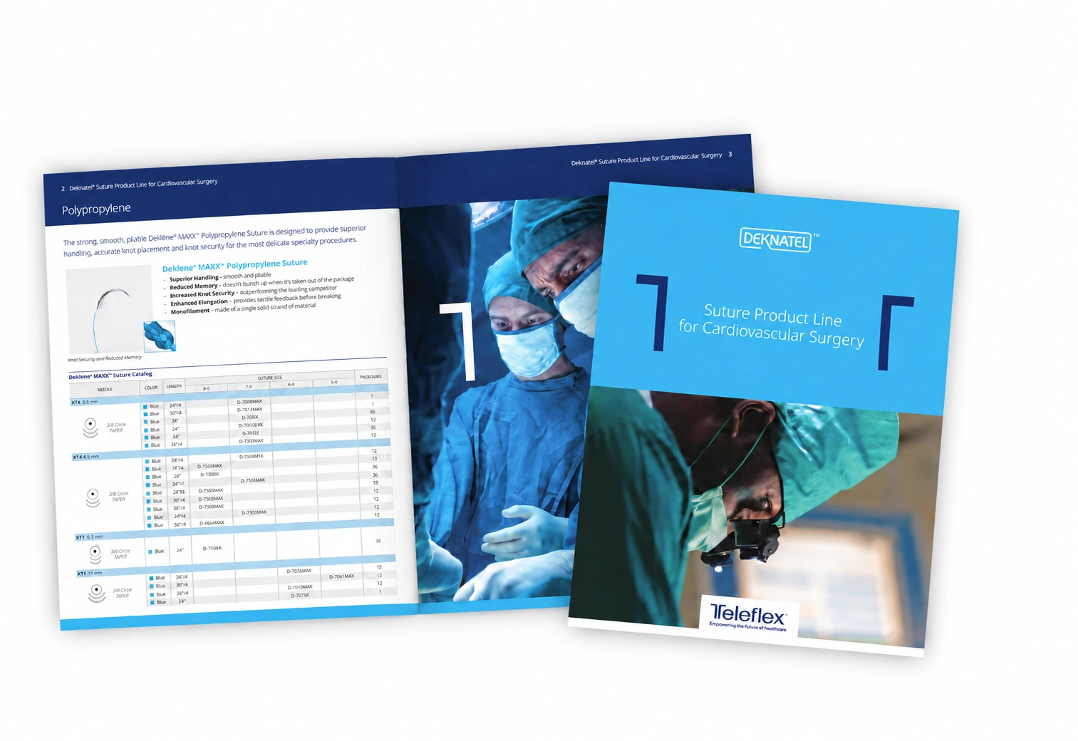 Suture brochure cover overlapping the pages 2-3 spread on a white background