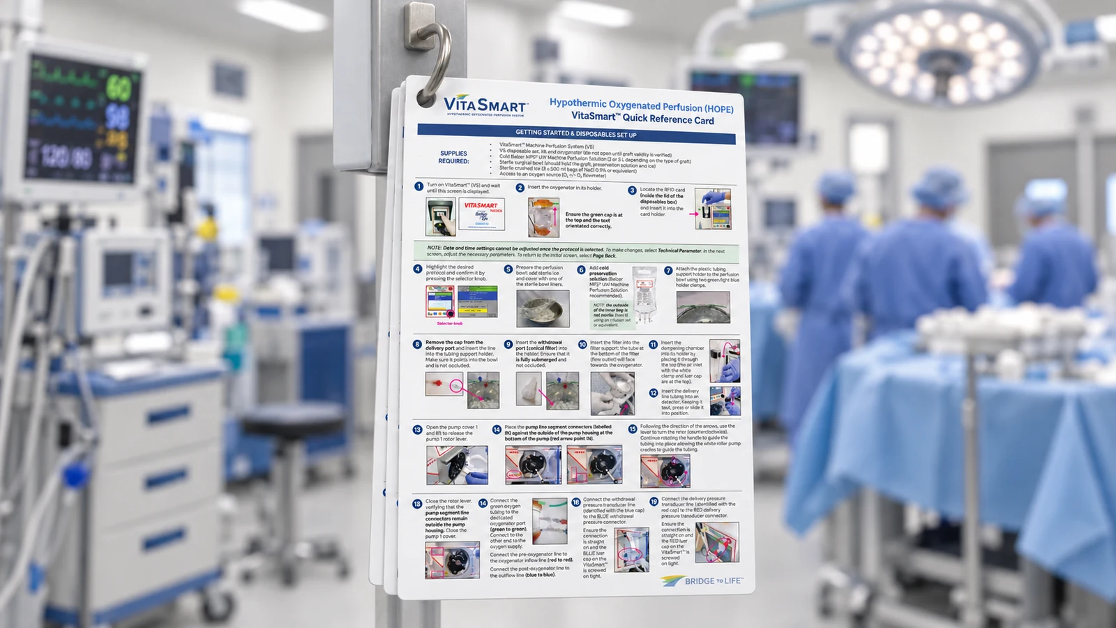Landscape mockup of stacked VitaSmart Quick Reference Cards hanging from a metal ring in a softly blurred operating room